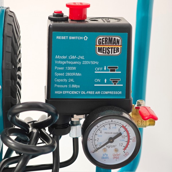 Compresor de aer fără ulei German Meister GM-24L, rezervor 24 Litri, 1300 W, 8 Bari, compresor silențios Oil-Free