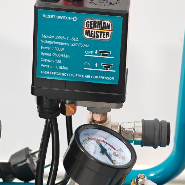 Compresor de aer fără ulei German Meister GM-1-50L, rezervor 50 Litri, 1300 W, 8 Bari, compresor silențios Oil-Free