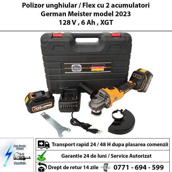 Polizor unghiular , Flex cu acumulator , German Meister , 2 acumulatori 128 V 6 Ah , 12.000 Rpm , disc 125 mm , XGT, Galben