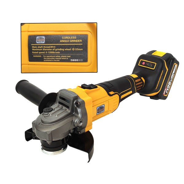 Polizor unghiular , Flex cu acumulator , German Meister , 2 acumulatori 128 V 6 Ah , 12.000 Rpm , disc 125 mm , XGT, Galben