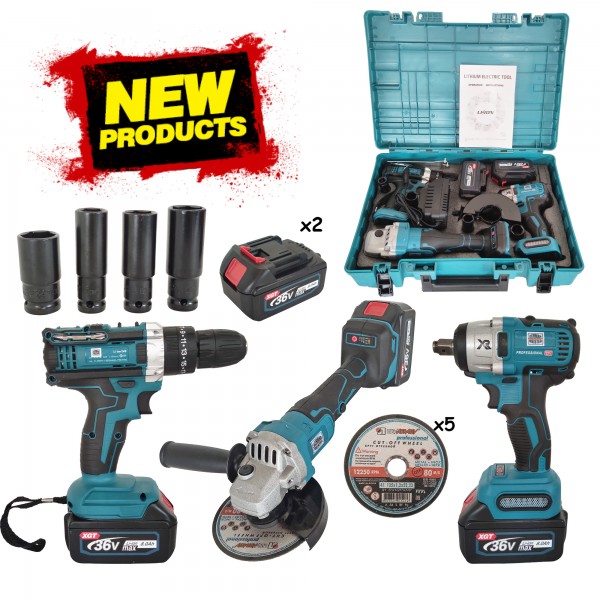 * PROMO* , Trusa 3 piese cu acumulator, German Meister , Masina de insurubat cu impact, Autofiletanta & Polizor unghiular, Model nou