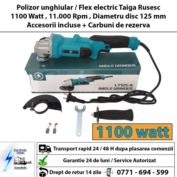 Polizor unghiular , Flex electric , Taiga Rusia , 1100 W , diametru disc ( max ) 125 mm , 11.000 Rpm , Carbuni de rezerva