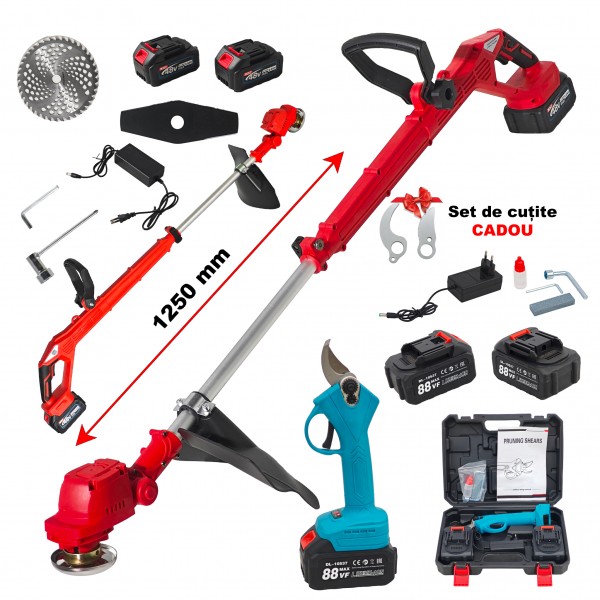 * Promo * Trimmer pe acumulator German Meister + Foarfeca electrica , 4 acumulatori combatibili , 2 incarcatoare, accesorii incluse