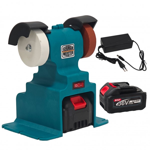 Polizor de Banc cu Acumulator German Meister 36V XGT, Dublu Disc pentru Ascuțire și Lustruire, Acumulator Li-Ion 6Ah, Încărcător Inclus