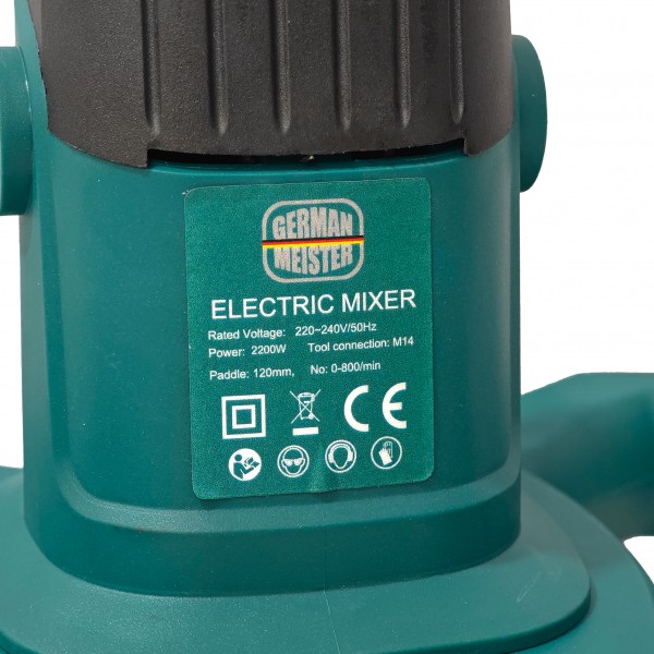 Malaxor Electric Profesional German Meister 2200 W, M14, 0-800 RPM, Paletă 120 mm, pentru Adeziv, Glet, Mortar, Șapă și Vopsea