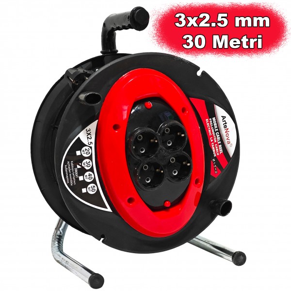 Prelungitor rola cu tambur 30m 3x2.5mm, 4 Prize, maner ergonomic pentru transport