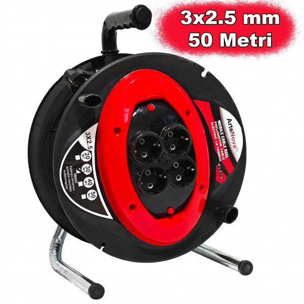 Prelungitor rola cu tambur 50m 3x2.5mm, 4 Prize, maner ergonomic pentru transport