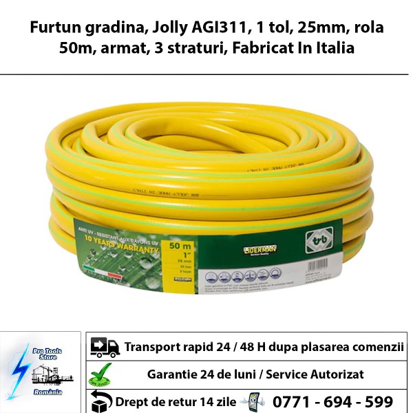 Furtun gradina, Jolly AGI311, 1 tol, 25mm, rola 50m, armat, 3 straturi, Fabricat In Italia