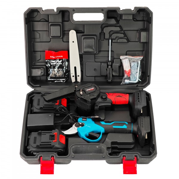 * Promo * Set foarfeca & Mini drujba cu 2 acumulatori , incarcator , accesorii incluse , 24 V , 2 Ah