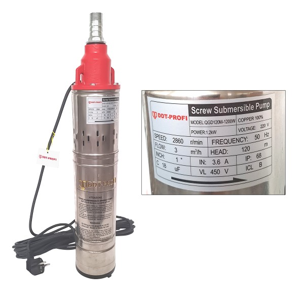 Pompa submersibila, Bobinaj 100% cupru, DDT-PROFI, QGD120-1.2 , 1.2 kW, Inox+Fonta, 3 m³/h, 120 m
