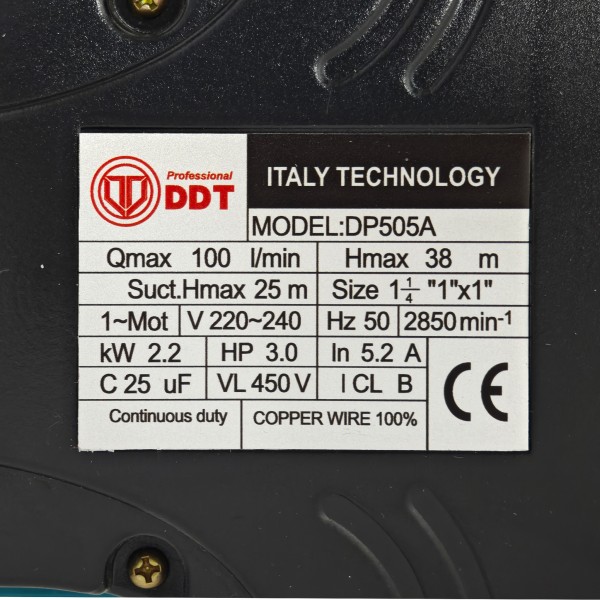 Pompa de suprafață DDT DP505A, 2200W (3CP), Bobinaj 100% Cupru, Autoamorsantă, Debit 100 l/min, Înălțime Refulare 38 m