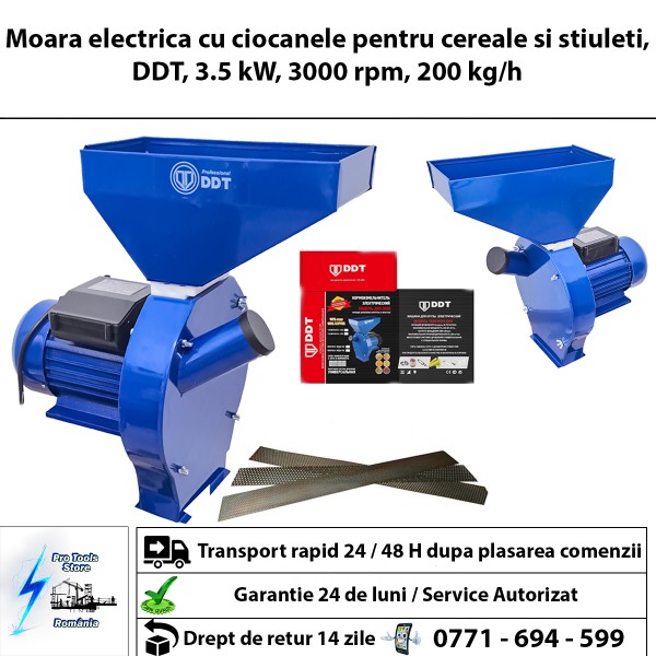 Moara electrica cu ciocanele pentru cereale si stiuleti, DDT, 3.5 kW, 3000 rpm, 200 kg/h
