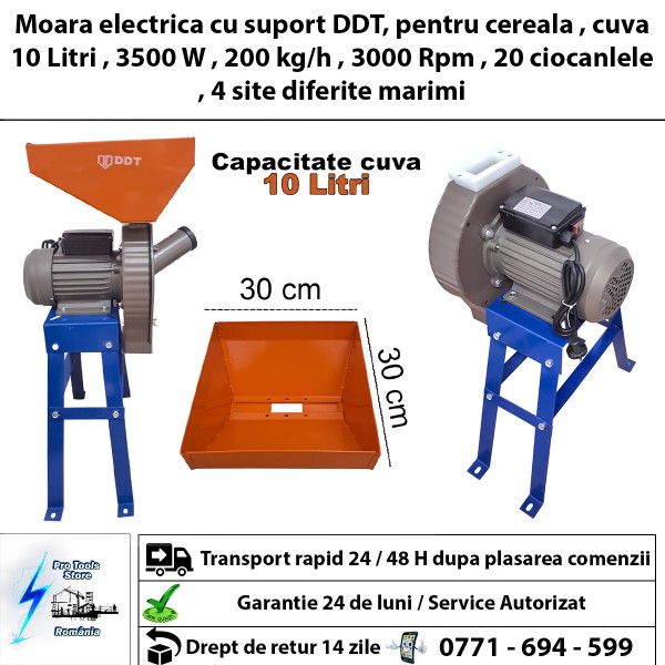 Moara electrica cu suport DDT, pentru cereala , cuva 10 Litri , 3500 W , 200 kg/h , 3000 Rpm , 20 ciocanlele , 4 site diferite marimi