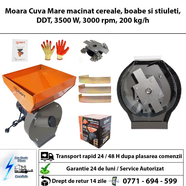 Moara Cuva Mare macinat cereale, boabe si stiuleti, DDT, 3500 W, 3000 rpm, 200 kg/h