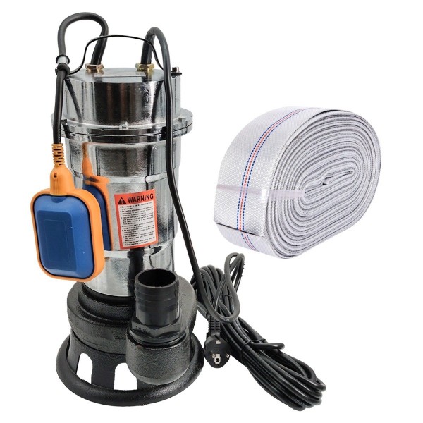 Pompa pentru apa murdara DDT, cu plutitor si tocator, 3000 W, Adancime evacuare maxim 8 Metri, corp inox+ Furtun pompier, 20 metri, 2 toli