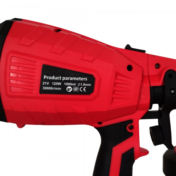 Pistol de vopsit cu acumulator , Rezervor 1000 Ml , 21 V , 3 Ah , jet reglabil , 2 acunulatori & incarcator