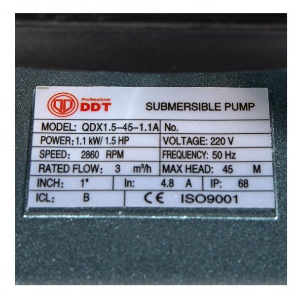Pompa submersibila apa curata cu plutitor, DDT, QDX1.5-45-1.1, 1100 W, 3 mc/h, 1 tol