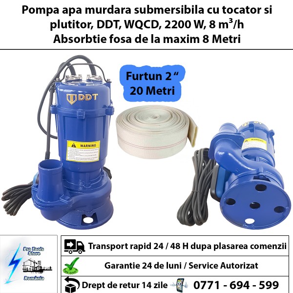 Pompa apa murdara submersibila cu tocator si plutitor, DDT, WQCD, 2200 W, 8 m³/h + Furtun pompier, 20 metri, 2 toli Pompa apa murdara submersibila cu tocator si plutitor, DDT, WQCD, 2200 W, 8 m³/h + Furtun pompier, 20 metri, 2 toli