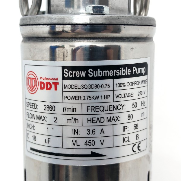 Pompa submersibila apa curata DDT 3QGD80-0.75, 750 W, 2 mc/h, diametru 75 mm