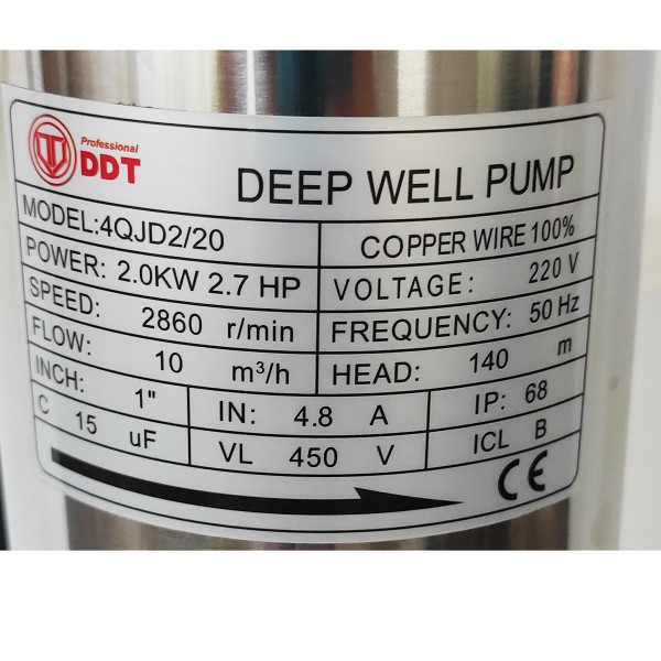 Pompa submersibila de apa curata, de mare adancime, 4QJD2-20 , 2000 W , 20 turbine, 10 m³/h , bobinaj cupru 100%