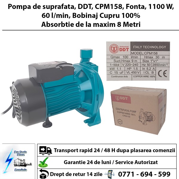 Pompa de suprafata, DDT, CPM158, Fonta, 1100 W, 60 l/min, Bobinaj Cupru