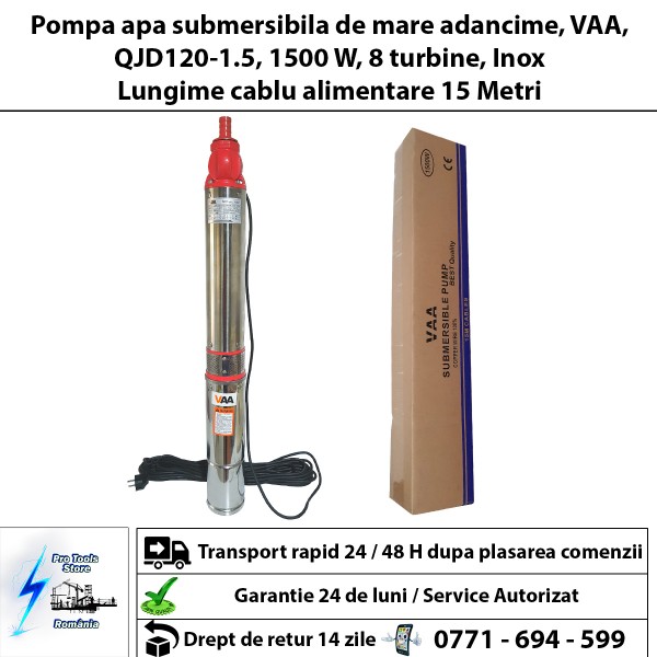 Pompa submersibila de mare adancime, VAA, QJD120-1.5, 1500 W, 8 turbine, Inox