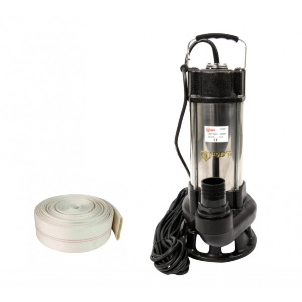 Pompa submersibila cu dublu tocator pentru apa murdara, DDT, V1500T, 1500 W, Inox + Furtun pompier, 20 metri, 2 toli