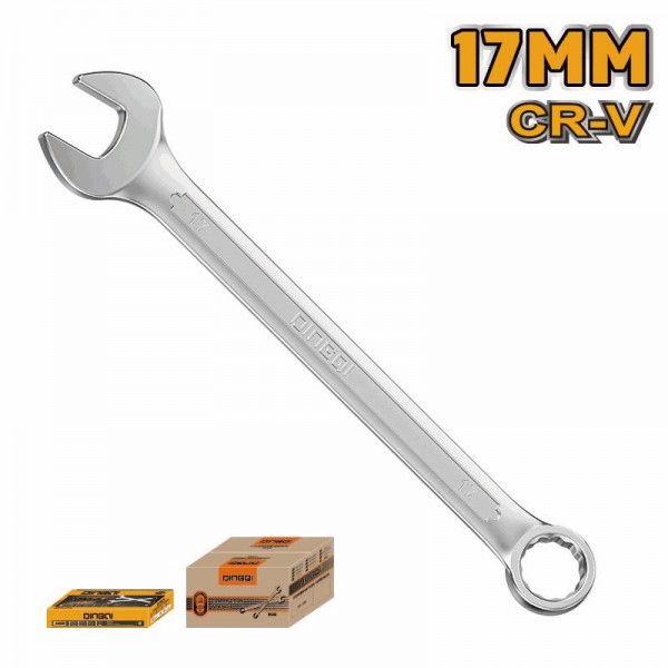 Cheie combinată 17 mm DINGQI Cr-V – Cheie fixă și inelară din oțel Crom Vanadiu, finisaj cromat
