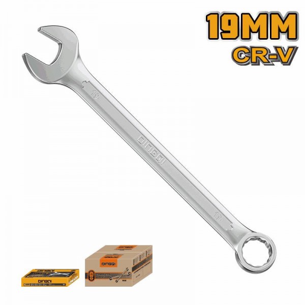 Cheie combinată 19 mm DINGQI Cr-V – Cheie fixă și inelară din oțel Crom Vanadiu, finisaj cromat
