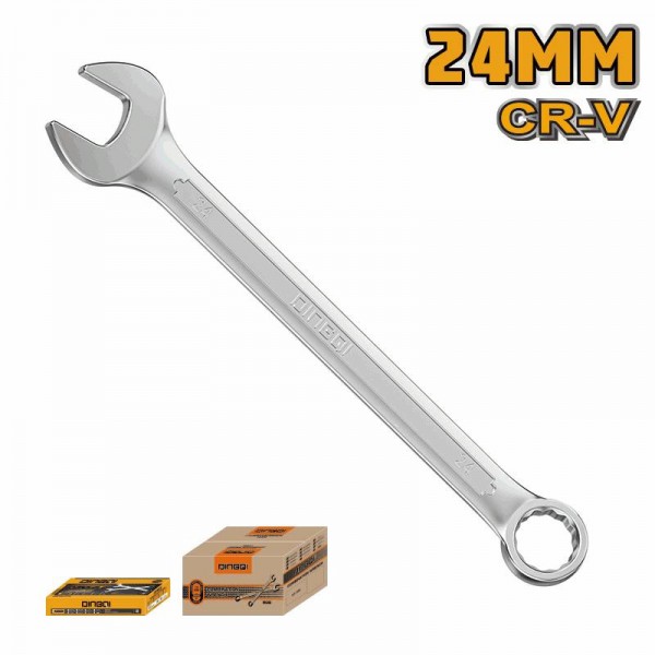 Cheie combinată DINGQI 24 mm, oțel Cr-V – cheie fixă și inelară, finisaj crom satinat, profesională