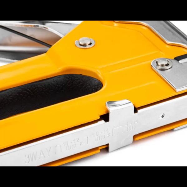 Capsator pentru tapițerie DINGQI 3 în 1, metalic, capse 4–16 mm, oțel Cr-V – reglaj forță de impact