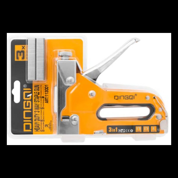 Capsator pentru tapițerie DINGQI 3 în 1, metalic, capse 4–16 mm, oțel Cr-V – reglaj forță de impact