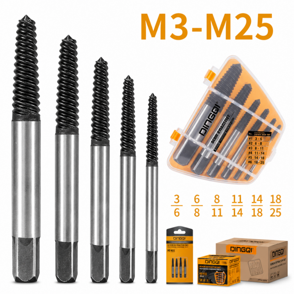 Set Extractoare pentru Șuruburi Rupte DINGQI 6 Piese M3–M25 – Demontare Șuruburi, Prezoane și Bolțuri Blocate