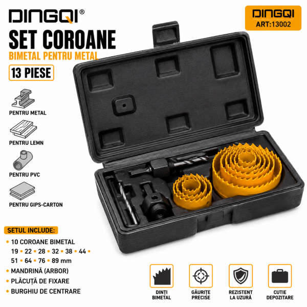 Set Freze pentru Scos Cepuri de Lemn DINGQI 11 Piese 19–64 mm – Carote pentru Lemn, PAL și Gips-Carton