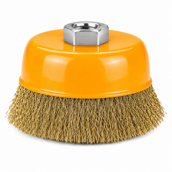 Perie Tip Cupă DINGQI Ø100 mm, Sârmă Ondulată, M14, Pentru Polizor Unghiular (Flex)
