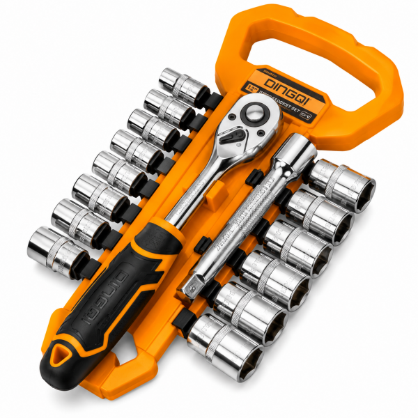 Set Chei Tubulare DINGQI 14 Piese, 1/2", CR-V – Trusă Profesională cu Clichet și Tubulare Metric