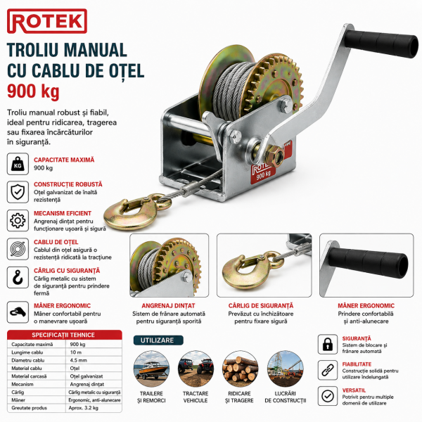 Troliu Manual ROTEK 900 kg, Cablu din Oțel 10 m x 4.8 mm, Raport 4:1 / 8:1, Cârlig cu Siguranță Troliu Manual ROTEK 900 kg, Cablu din Oțel 10 m x 4.8 mm, Raport 4:1 / 8:1, Cârlig cu Siguranță