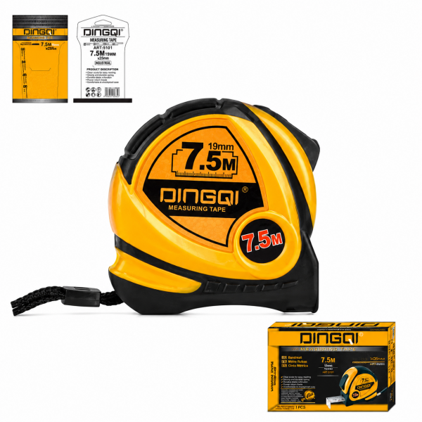 Ruletă DINGQI 7,5 m x 19 mm – Carcasă ABS cauciucată, blocare bandă, clips de curea