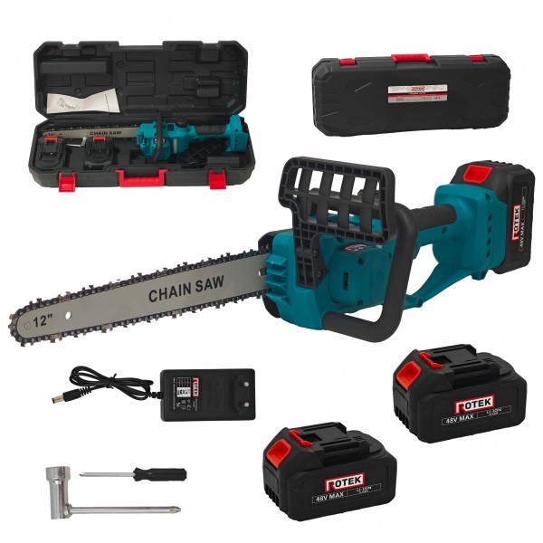 Drujbă Electrică ROTEK 12 Inch cu 2 Acumulatori Li-Ion 48V, Lamă 12", 1 Lanț și Încărcător – Fierăstrău Electric cu Acumulator
