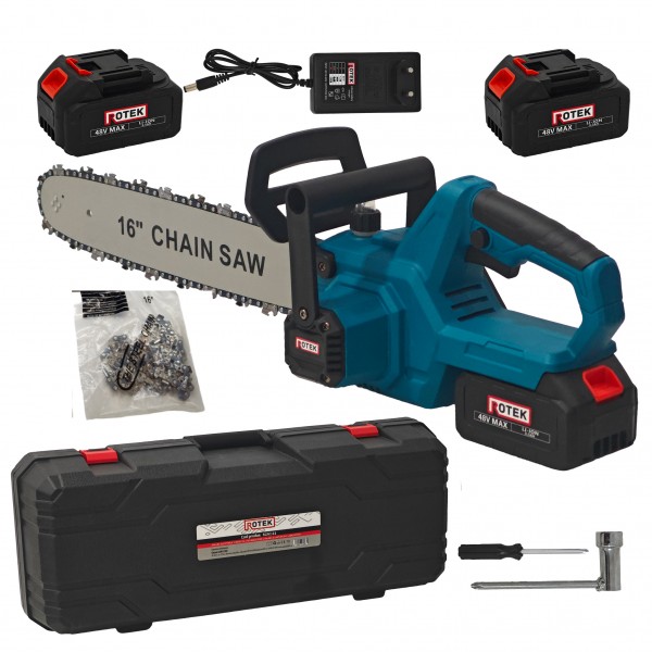 Drujbă Electrică ROTEK 16 Inch cu 2 Acumulatori Li-Ion 48V, 2 Lanțuri, 1 Lamă și Încărcător – Fierăstrău Electric cu Acumulator pentru Lemn