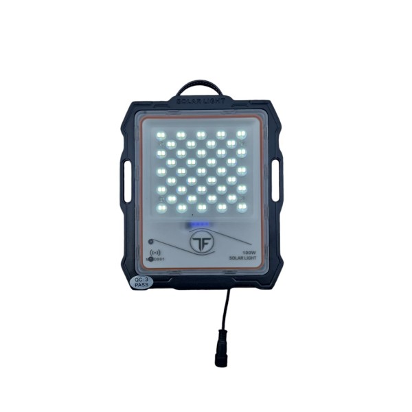 Proiector LED cu panou solar, 100W, lumina alba, telecomanda
