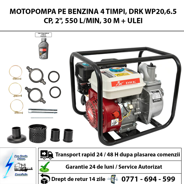 Motopompa pe benzina 4 timpi, DRK WP20,6.5 CP, 2", 550 L/min, 30 m + Ulei