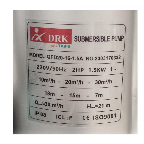 Pompa submersibila apa curata , Taifu-Professional , QFD20-16-1.5A , 2 " , Abosrbtie maxim 18 Mt