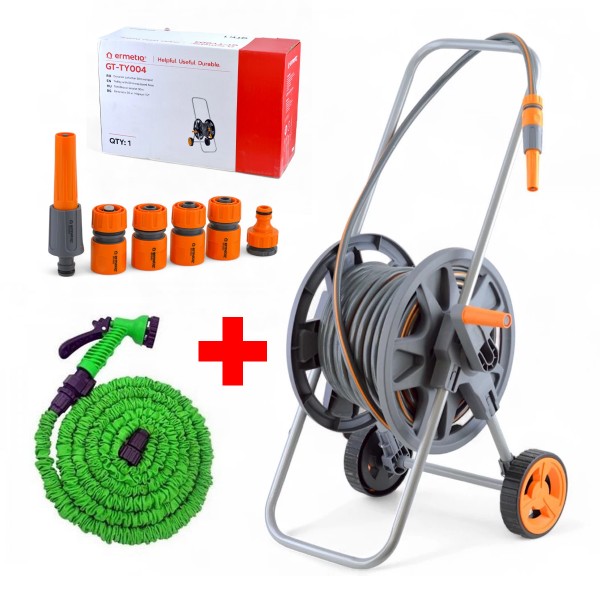 Kit carucior furtun, Ermetiq, furtun 30 m, 1/2 toli, 3 straturi, cu accesorii si duza stropit + Furtun extensibil 30 Mt