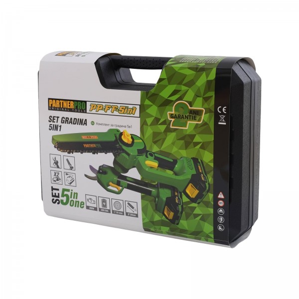 Set foarfecă de grădină și fierăstrău cu lanț pe acumulator PARTNERPRO PP-FF 5 IN 1, 2 acumulatori 20 V/2Ah Brushless