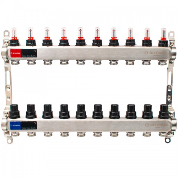 Distribuitor inox izolat cu debitmetre 10 cai 1x3/4"