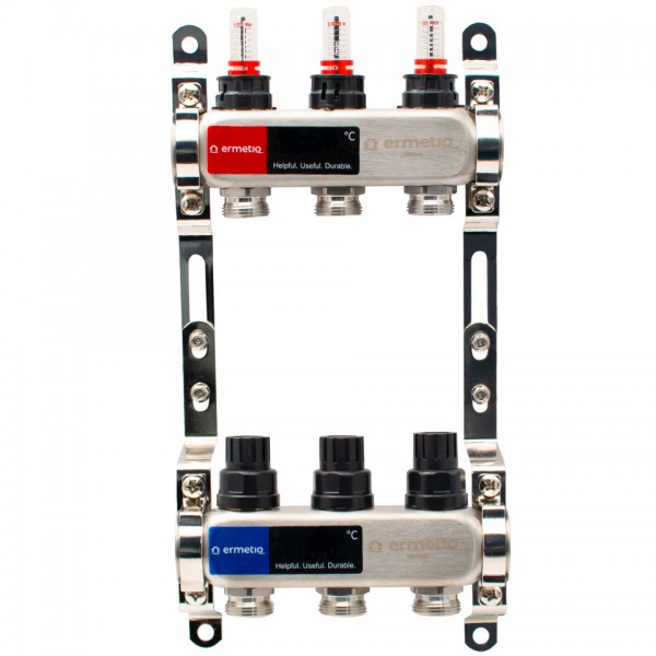 Distribuitor inox izolat cu debitmetre 3 cai 1x3/4" Distribuitor inox izolat cu debitmetre 3 cai 1x3/4"