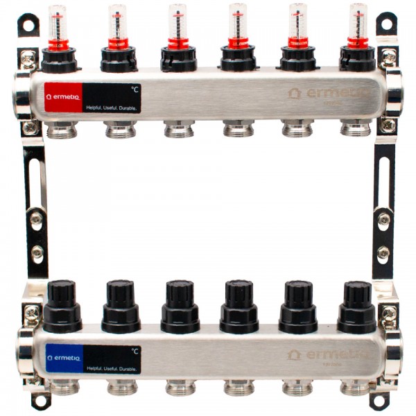 Distribuitor inox izolat cu debitmetre 6 cai 1x3/4" Distribuitor inox izolat cu debitmetre 6 cai 1x3/4"