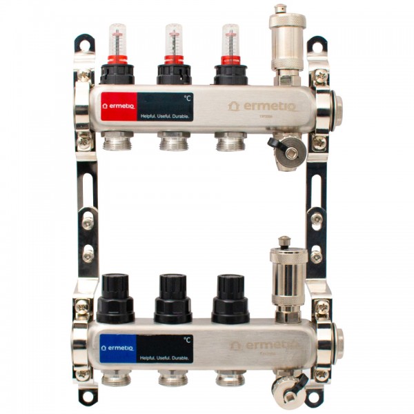Distribuitor inox izolat cu debitmetre aerisitor automat si robinet de golire 3 cai 1x3/4 Distribuitor inox izolat cu debitmetre aerisitor automat si robinet de golire 3 cai 1x3/4