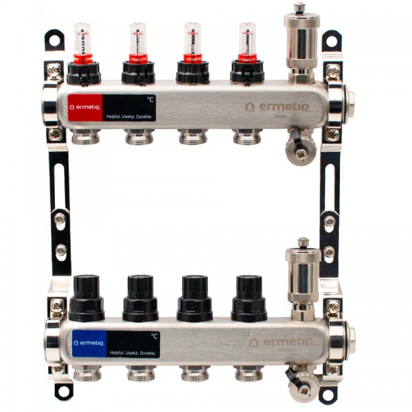 Distribuitor inox izolat cu debitmetre aerisitor automat si robinet de golire 4 cai 1x3/4 Distribuitor inox izolat cu debitmetre aerisitor automat si robinet de golire 4 cai 1x3/4
